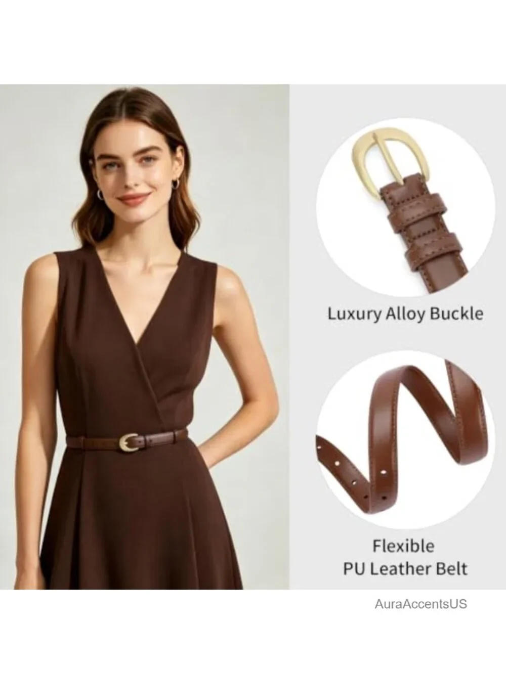 PU Leather Belt with Gold Buckle Fashion Waist Belt for Women